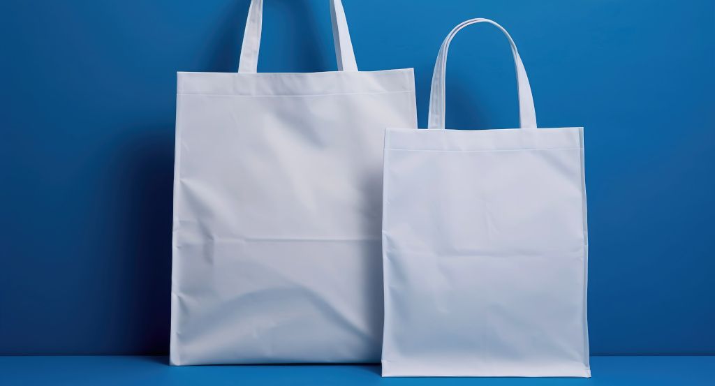 2 white plastic totes against blue background