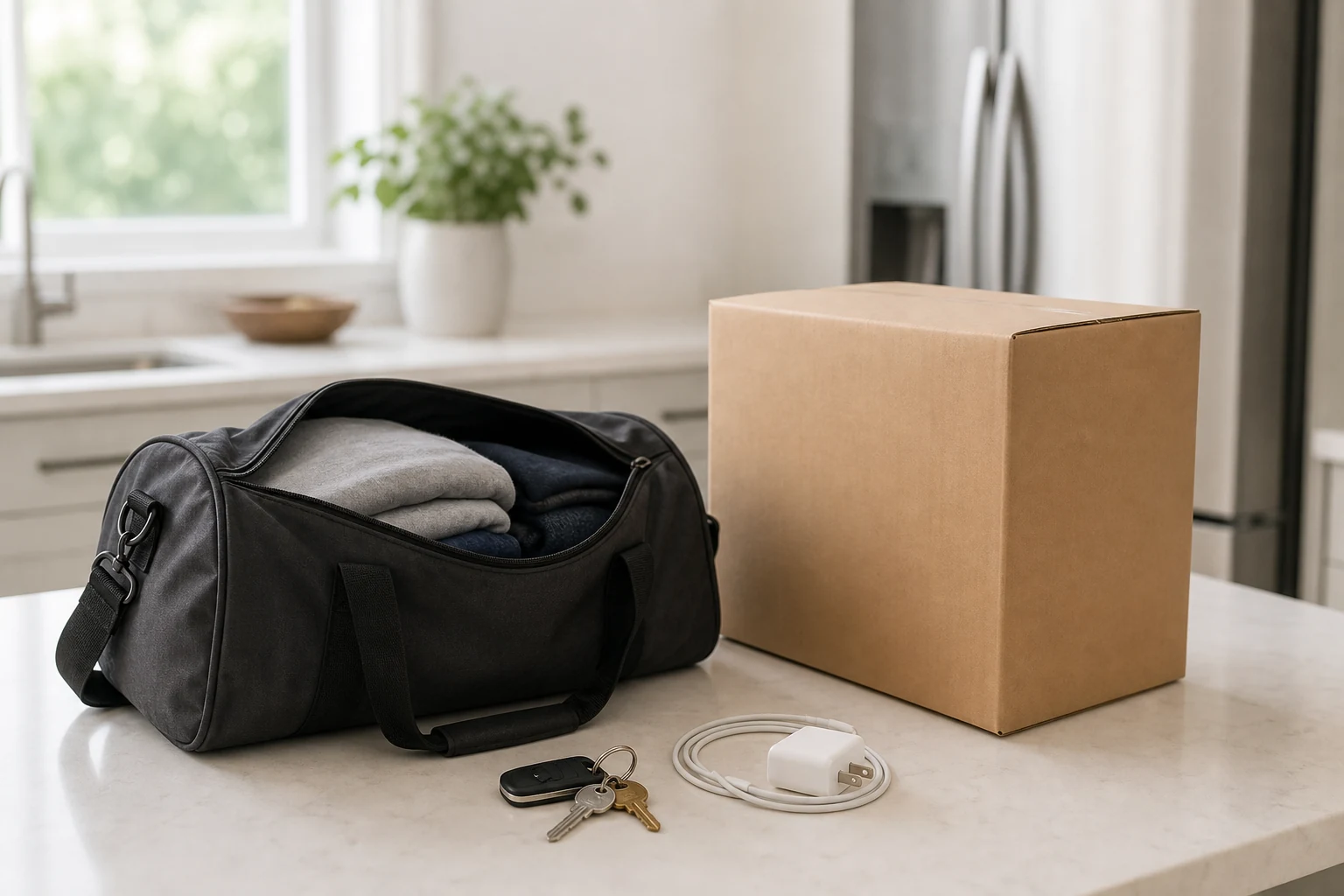 Essentials bag and box left aside on a kitchen counter.