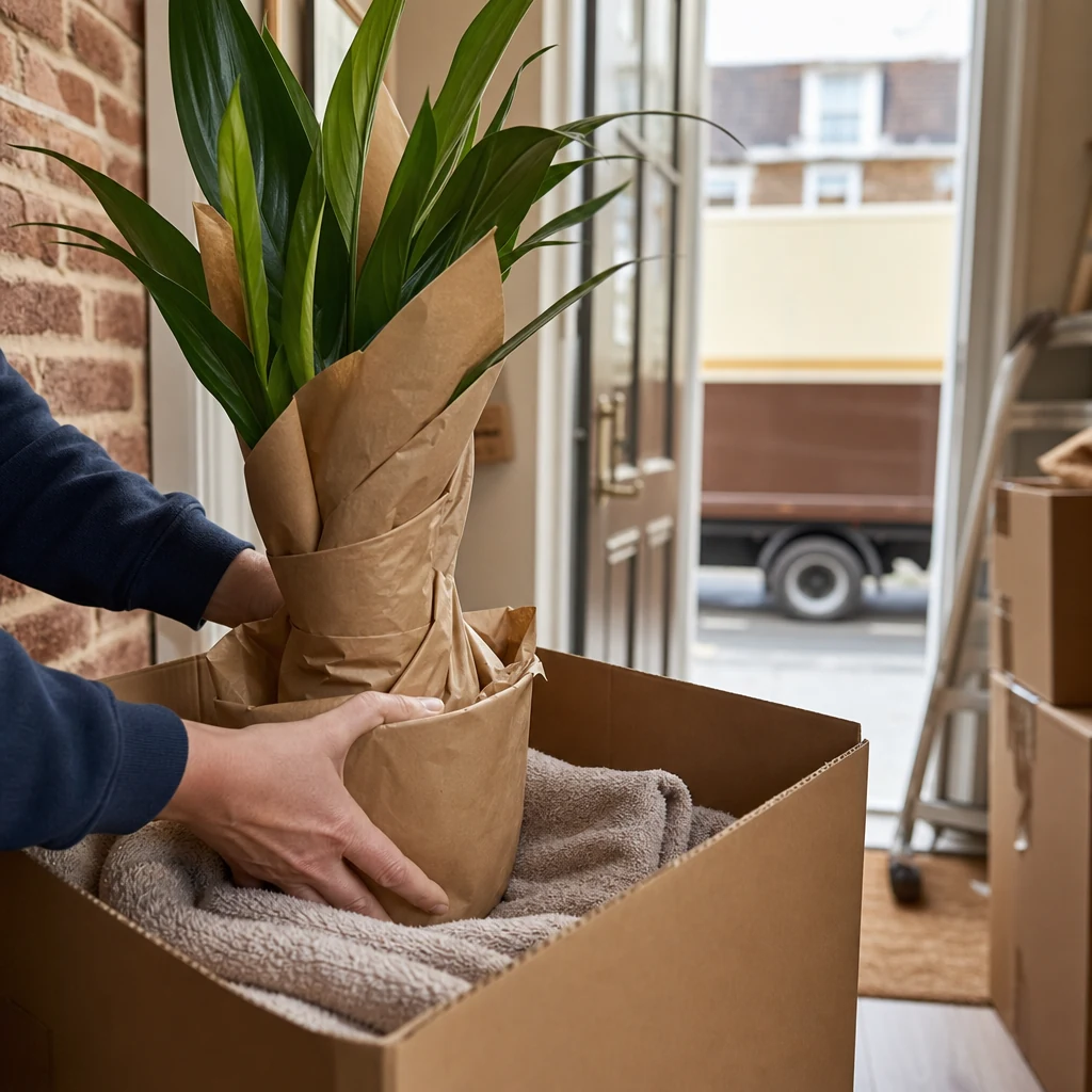 Hands protecting a potted houseplant with paper and towels for moving.