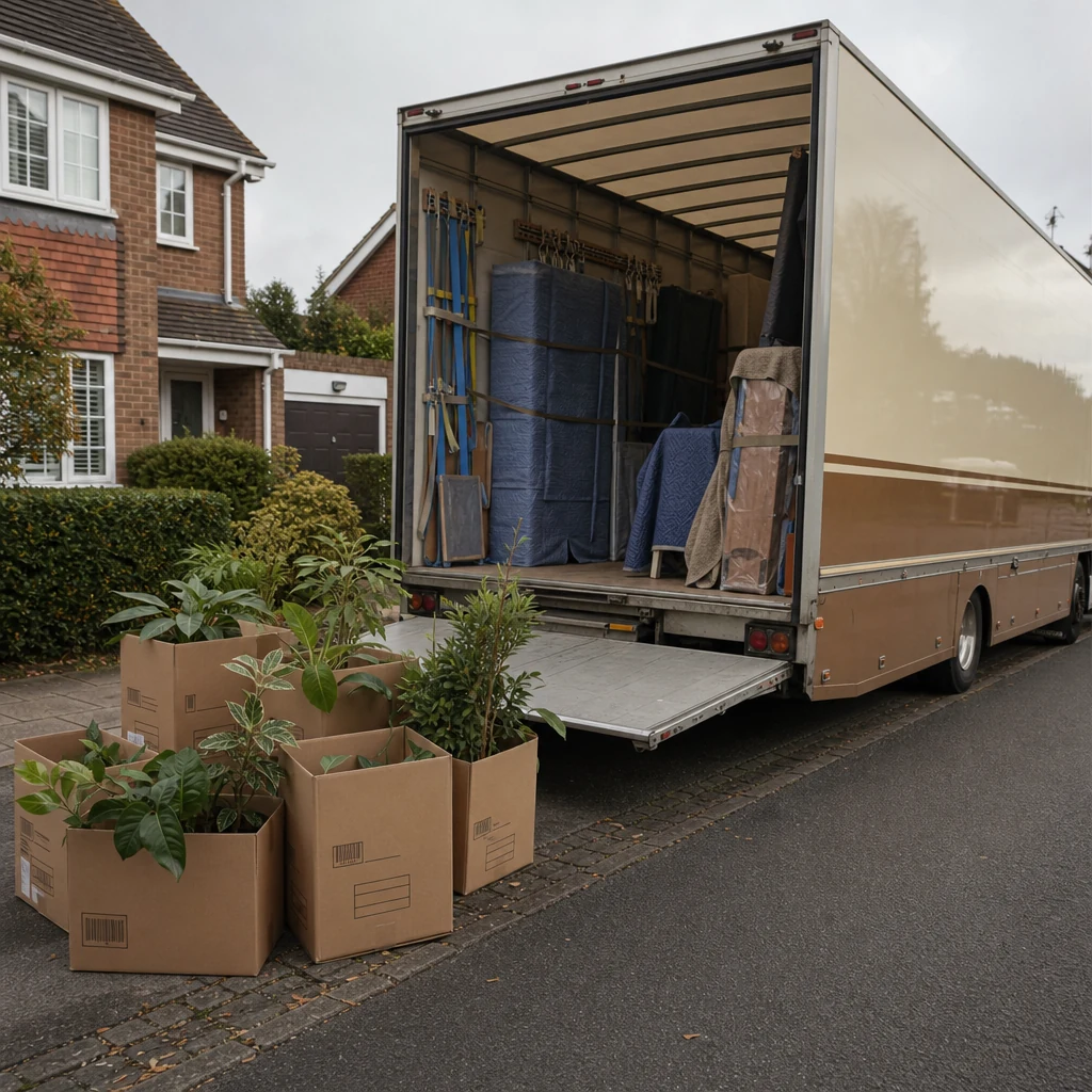Houseplants kept upright in crates at the back of a removals truck.