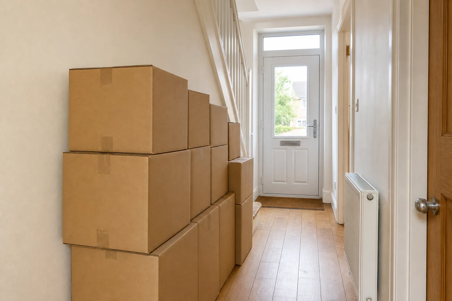 Neatly packed moving boxes in a clear hallway.