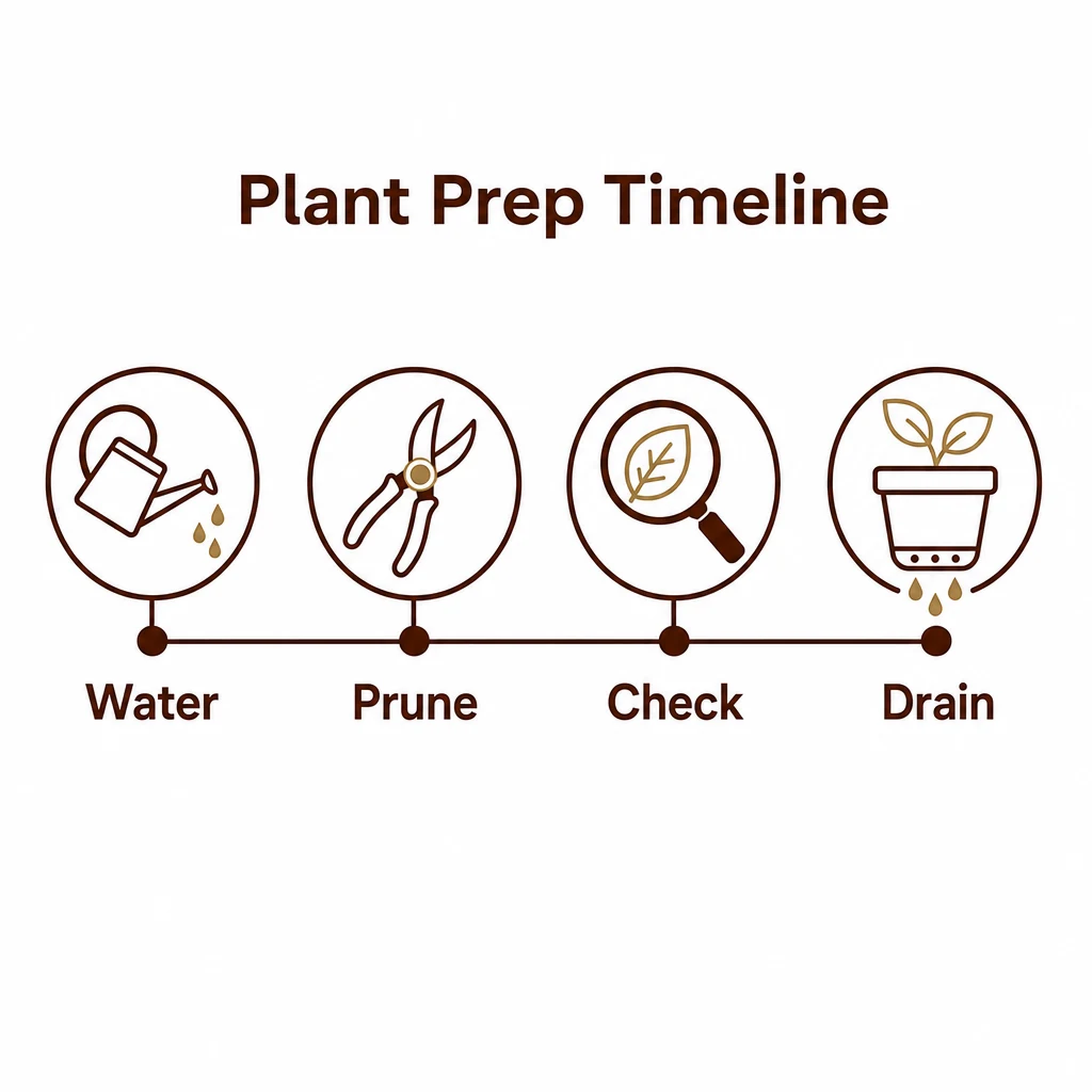Plant preparation timeline with water, prune, check and drain steps.