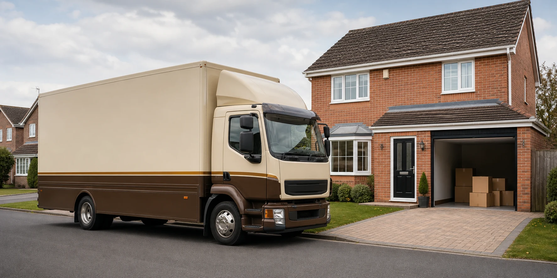 Two-tone removals truck outside a tidy suburban home.