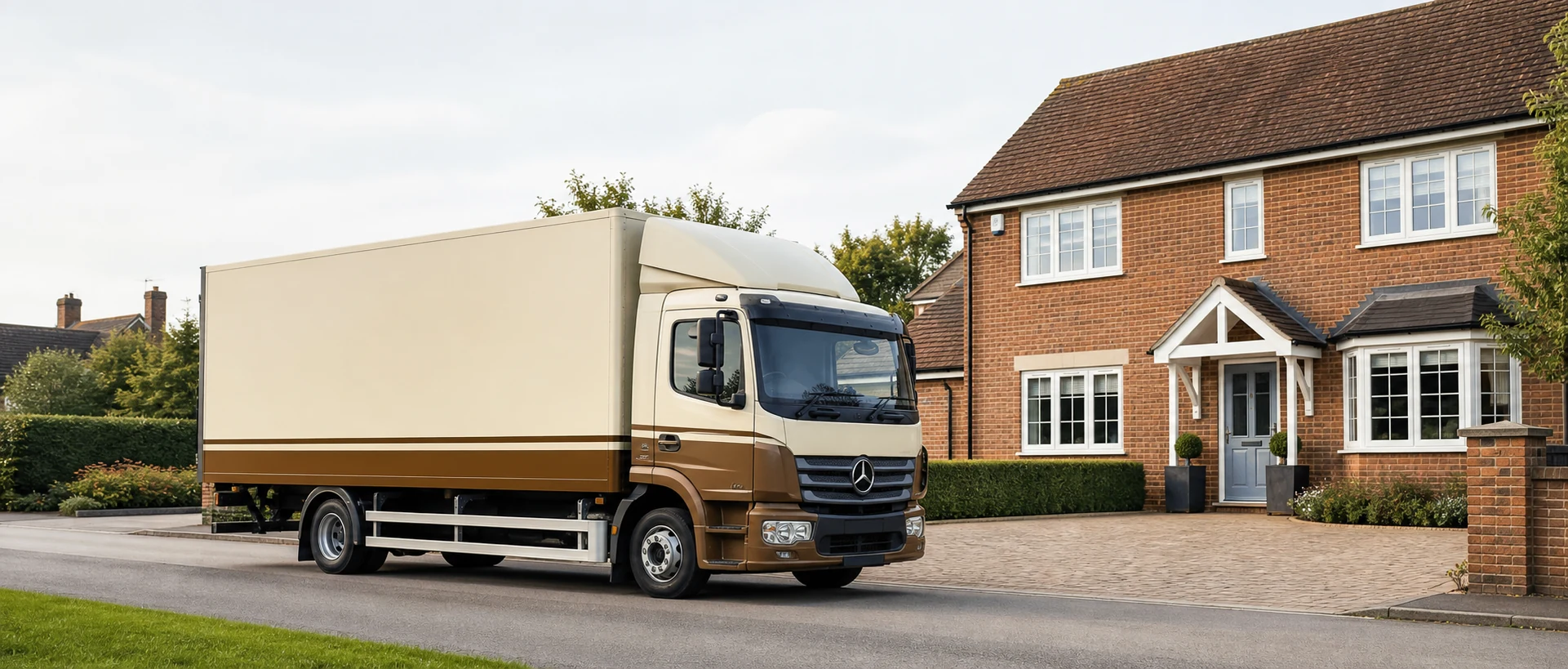 Clean two-tone removals truck outside a tidy brick home