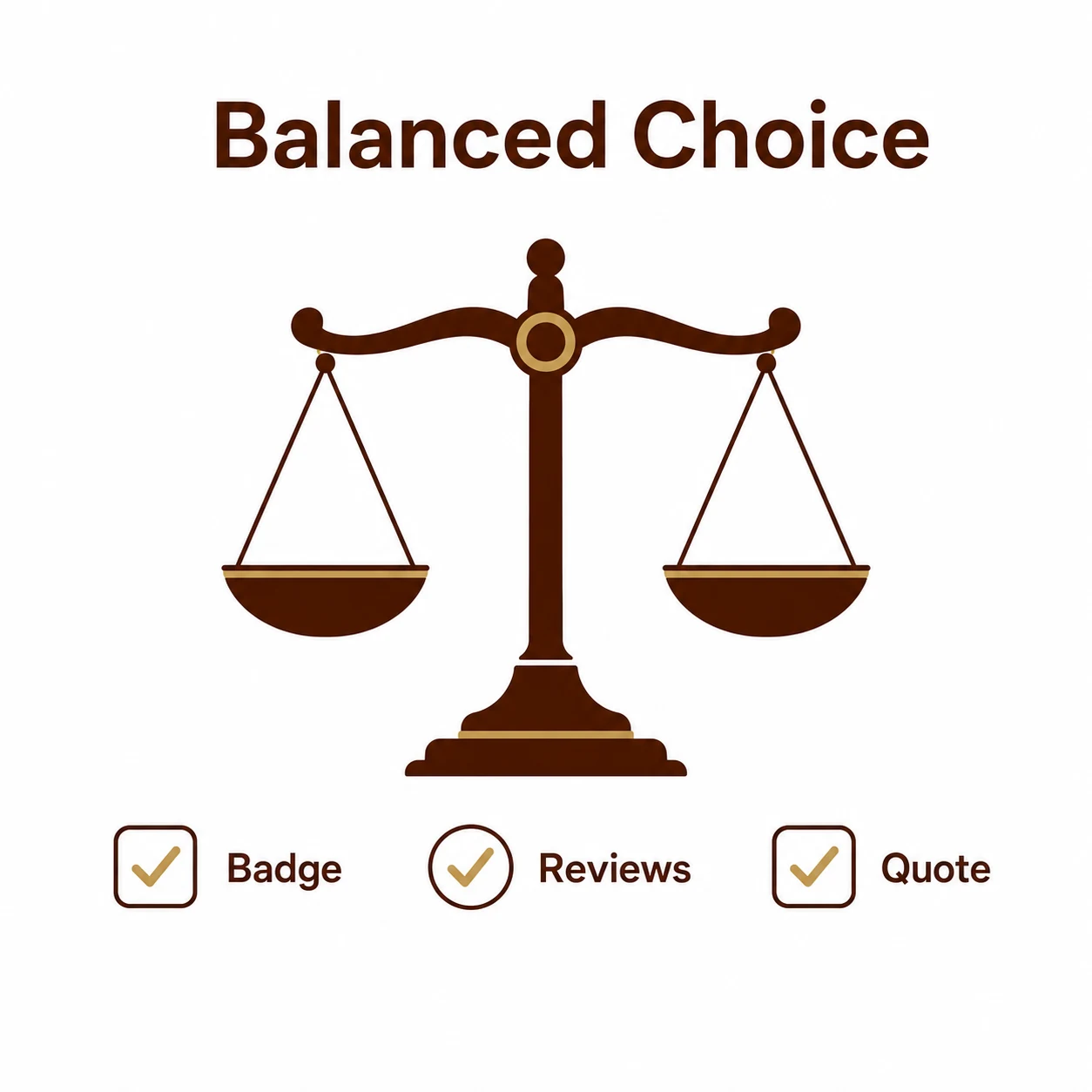 Graphic showing badge, reviews and quote as balanced checks