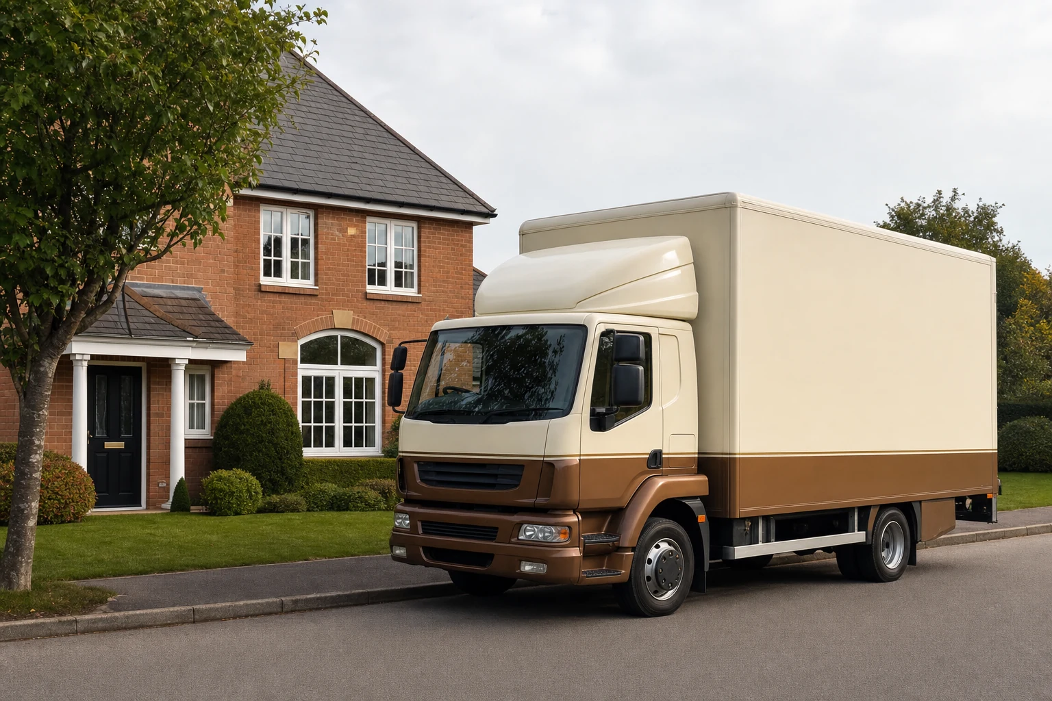 Tidy two-tone removals truck parked beside a clean suburban home