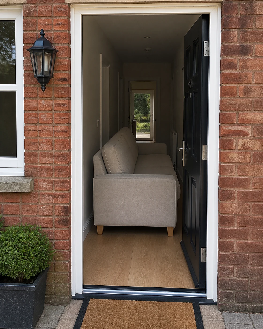 Large sofa near an open front doorway for access planning