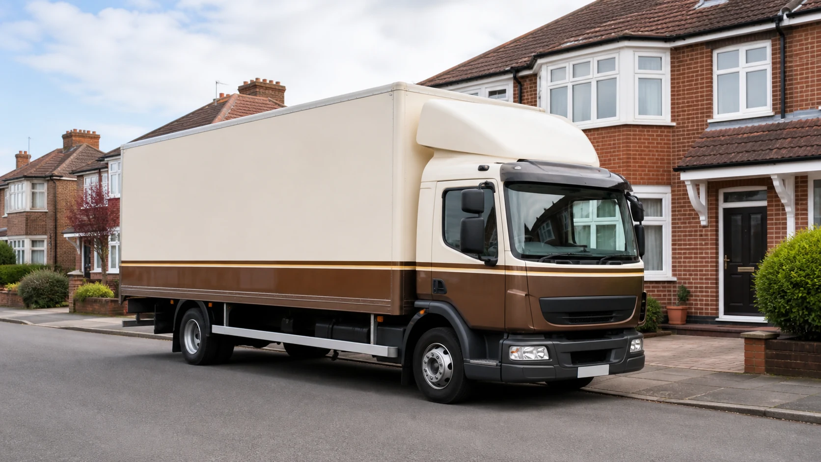 Two-tone removals truck parked outside a tidy brick home
