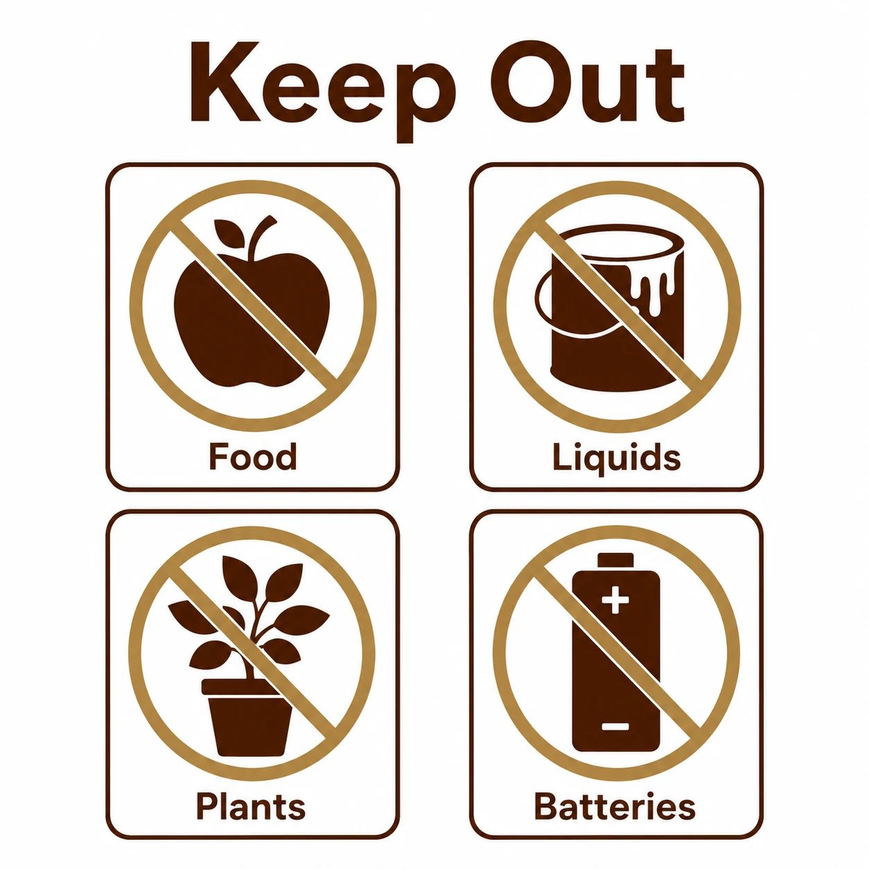 Graphic showing food, liquids, plants and batteries as items not suitable for storage