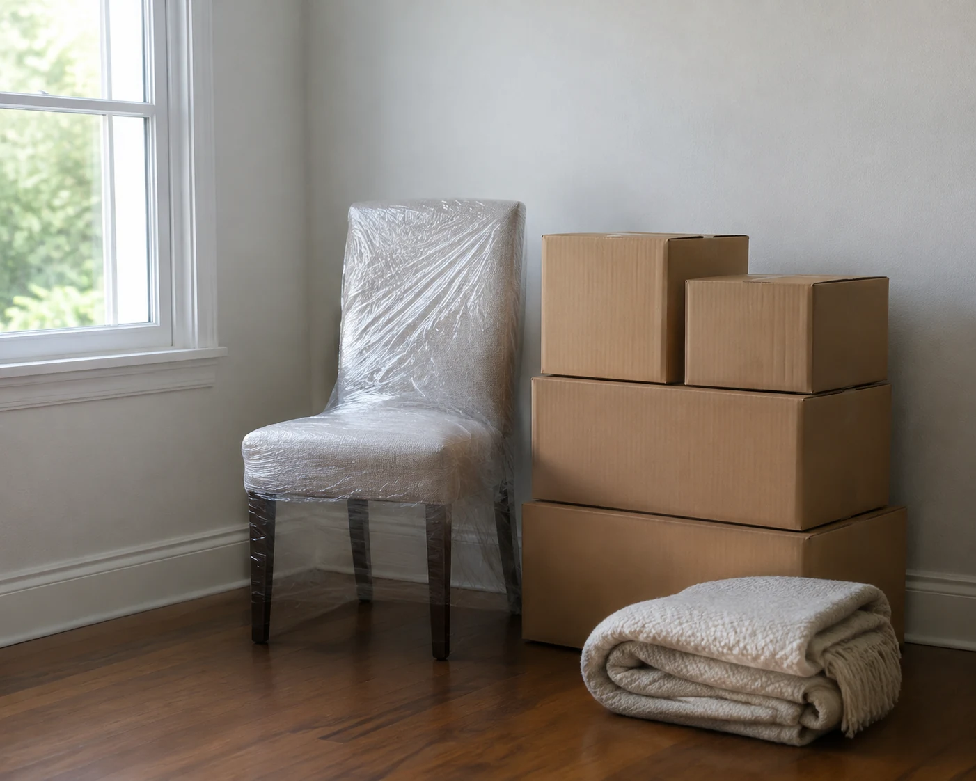 Neatly sealed moving boxes and a wrapped chair prepared for storage