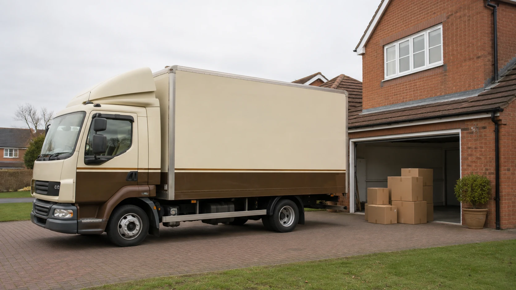 Removal truck outside a tidy suburban home with packed boxes ready for storage