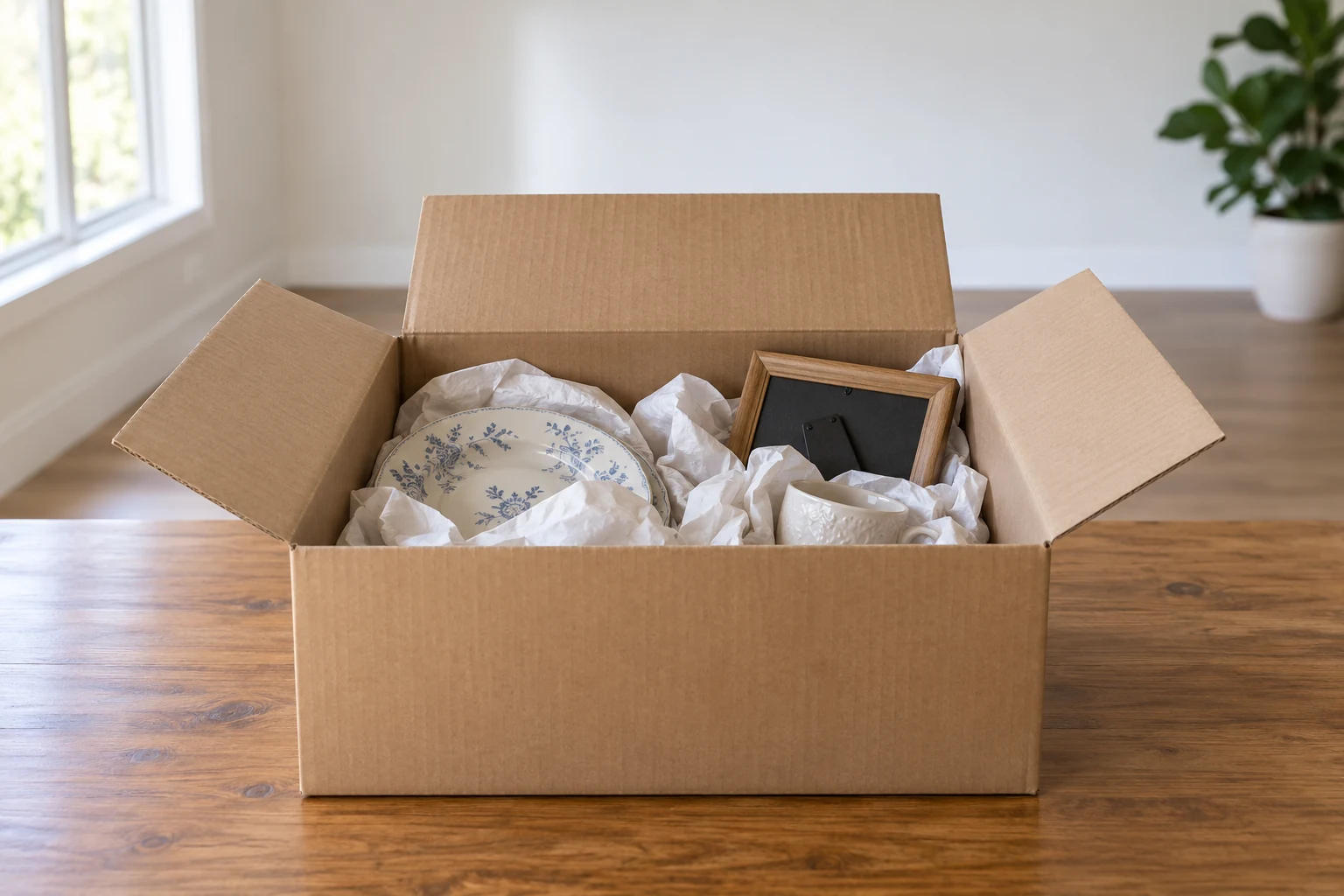 Fragile household belongings carefully wrapped in a box