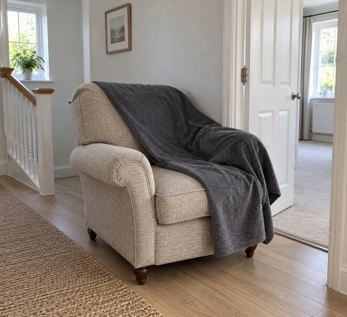 Protected armchair positioned beside a narrow doorway