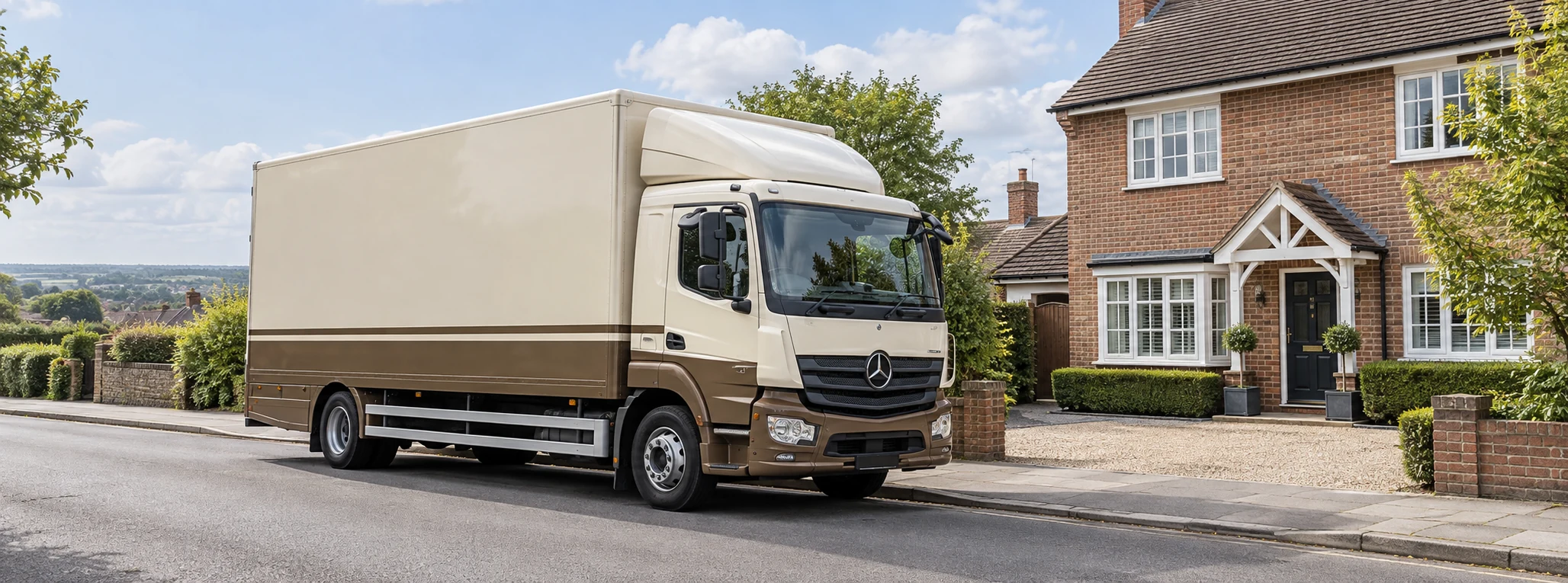 Two-tone removals truck parked outside a tidy brick home